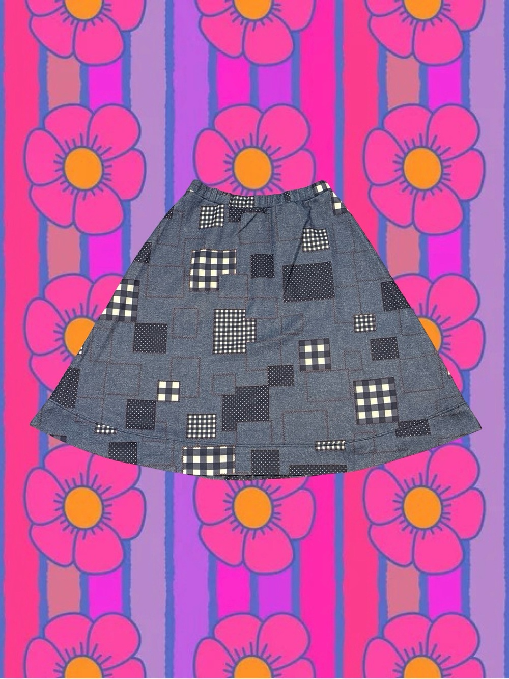 Vintage Blue Patchwork Circle Skirt with Gingham Print